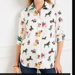 Talbots Buttondown Modern Classic The Dogs Of Christmas Cotton Holiday Blouse L